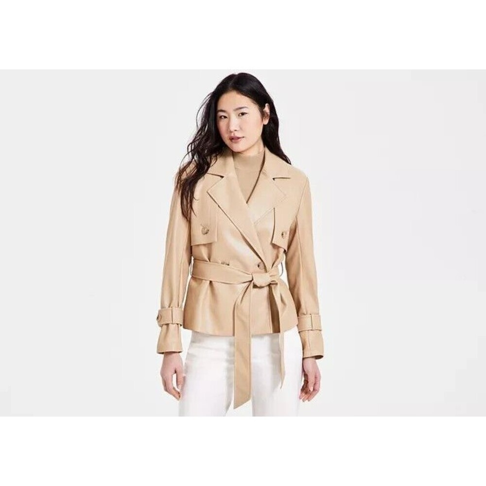 Anne Klein Women's Faux-Leather Belted Short Trench Jacket Coffee Cream Size 2
